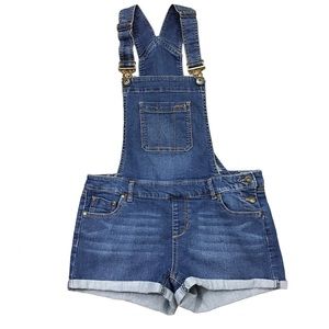 Blue Spice Denim Bib Overall Medium Wash Rolled Cuff Stretch Shorts Size 9